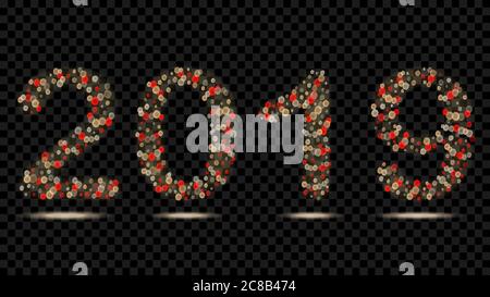 Digits 2019 of made of defocused Christmas red and white fairy lights with bokeh effects Stock Vector