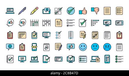 Questionary line and fill style icon set design, Survey and exam theme Vector illustration Stock Vector