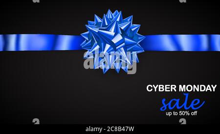 Blue bow with horizontal ribbon with shadow and inscription Cyber Monday Sale on black background Stock Vector