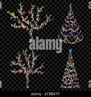 Set of Christmas trees made of defocused multicolored fairy lights with bokeh effects Stock Vector