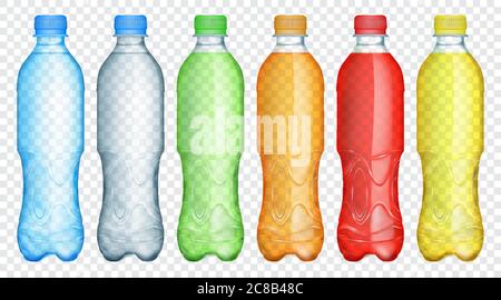 Set of multicolored translucent plastic bottles filled with light blue, gray, green, orange, red and yellow juice or water, isolated on transparent ba Stock Vector
