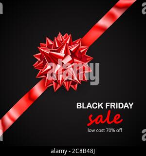 Red bow with diagonally ribbon with shadow and inscription Black Friday Sale on black background Stock Vector