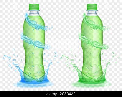 Two translucent plastic bottles filled with green juice, with light blue water crowns and splashes, isolated on transparent background. Transparency o Stock Vector