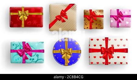 Set of square, rectangle and circle colorful gift boxes with ribbons, bows and various patterns Stock Vector