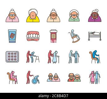 Grandmothers and grandfathers line and fill style icon set design, Old woman man female male person mother father and grandparents theme Vector illustration Stock Vector