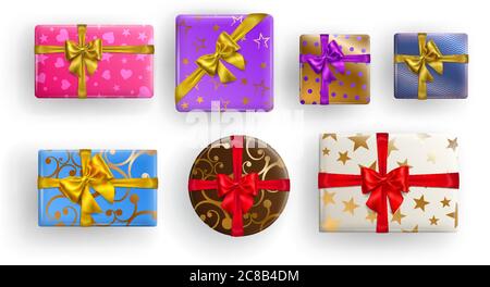 Set of square, rectangle and circle colorful gift boxes with ribbons, bows and various patterns Stock Vector