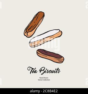 Chocolate eclairs isolated hand drawn vector line illustration old style. Vector tea biscuits, cookies for cooking logo Stock Vector