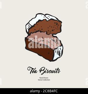 Pound cake chunks isolated hand drawn vector line illustration old style. Vector tea chocolate biscuit pie cooking logo Stock Vector