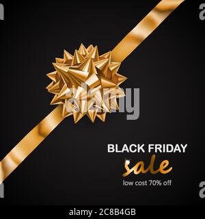 Golden bow with diagonally ribbon with shadow and inscription Black Friday Sale on black background Stock Vector