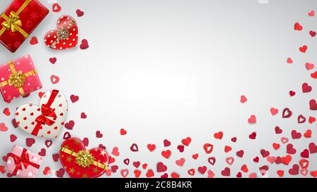 Background with small red hearts and colorful gift boxes with ribbons, bows and various patterns Stock Vector
