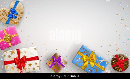 Background with colorful gift boxes with ribbons, bows and various patterns Stock Vector