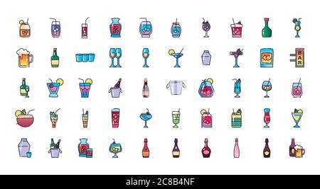 Cocktails fill and gradient style icon set design, Alcohol drink bar ...