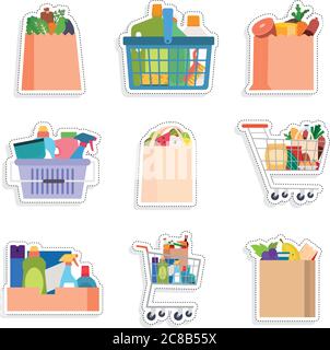 Set of grocery bags stickers Stock Vector