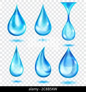 Set of translucent drops in blue colors, isolated on transparent background. Transparency only in vector format Stock Vector
