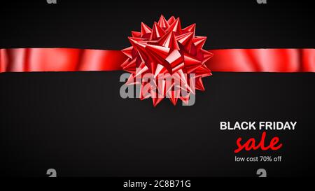 Red bow with horizontal ribbon with shadow and inscription Black Friday Sale on black background Stock Vector