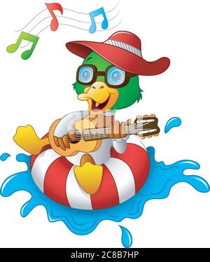 Funny duck cartoon enjoying on the lifebuoy with playing guitar and singing Stock Vector