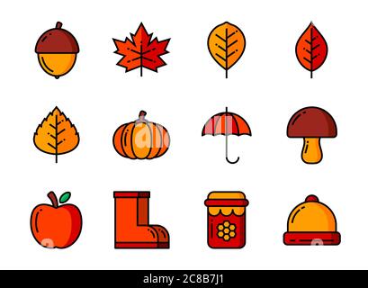 Autumn icon set color and thin line. Symbols for website, magazine, app and design. Stock Vector