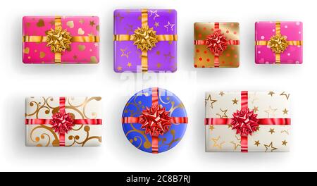 Set of square, rectangle and circle colorful gift boxes with ribbons, bows and various patterns Stock Vector