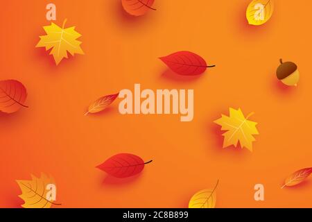 Autumn leaves in paper art style on orange background. Stock Vector