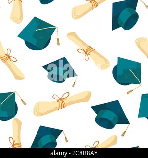 Graduation caps with diploma hand drawn seamless pattern. Vector repeated background with academic hat and diploma in flat cartoons style with texture Stock Vector