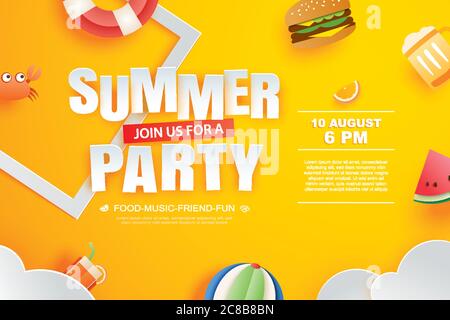 Summer party invitation banner with decoration origami. Paper art and craft style. Stock Vector