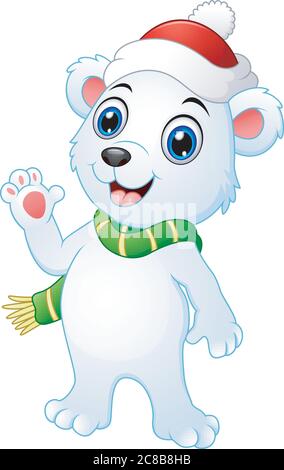 illustration of Christmas polar bear cartoon waving hands Stock Vector