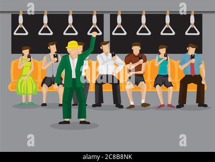 Old man standing inside subway train and all sitting passengers in background looking at mobile phones. Vector cartoon illustration on technology obse Stock Vector