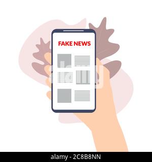 Hand holding smart phone with fake news concept Stock Vector
