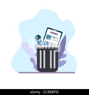 Fake news in trash. Microphone and mobile phone in garbage basket. Digital detox concept. Vector isolated illustration Stock Vector