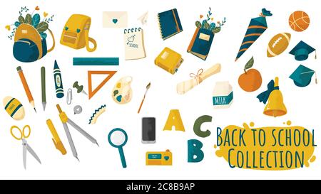 Back to school supplies for kids set. Colorful hand drawn vector illustrations of school stationary. Bundle of stickers with accessories for school. Stock Vector