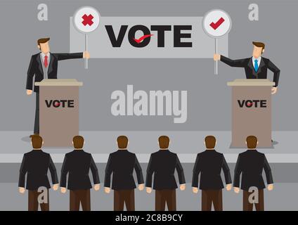 Two election candidates standing behind podium and holding cross and tick symbol signs in front of audience. Vector cartoon illustration on election d Stock Vector