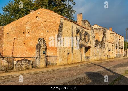 Europe, France, Haute-Vienne, Oradour-sur-Glane. Sept. 5, 2019. Ruined buildings in the martyr village of Oradour-sur-Glane. Stock Photo