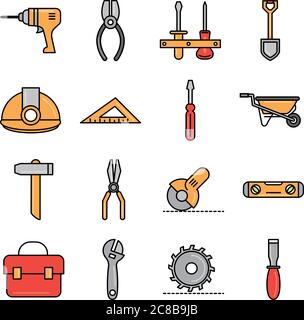 tool repair maintenance and construction equipment icons set line and fill vector illustration Stock Vector