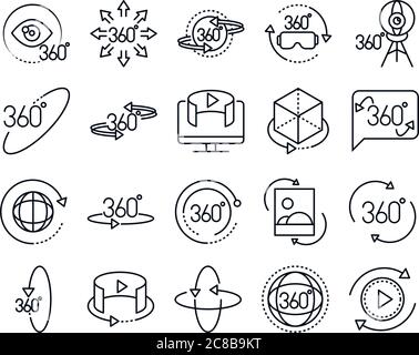 360 degree view virtual tour image panorama linear style icons set design vector illustration Stock Vector