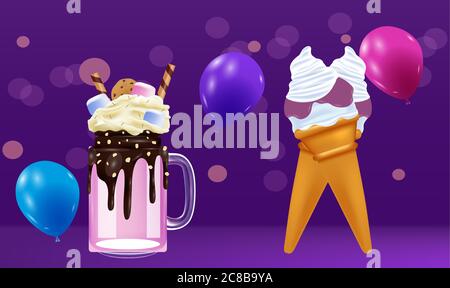 Mock up illustration of monster shake and ice cream on abstract backgrounds Stock Vector