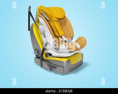 Orange baby car seat with isofix on yellow car seat 3d render on blue background with shadow Stock Photo