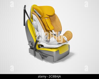 Orange baby car seat with isofix on yellow car seat 3d render on gray background with shadow Stock Photo