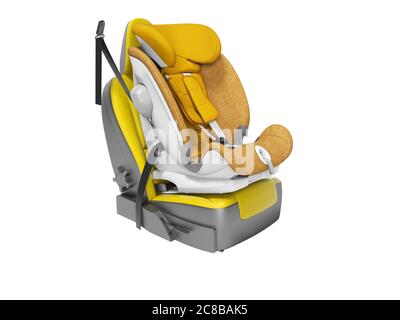 Orange baby car seat with isofix on yellow car seat 3d render on white background no shadow Stock Photo