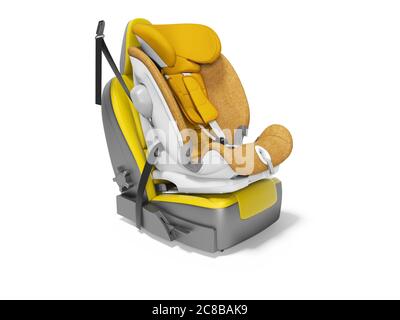 Orange baby car seat with isofix on yellow car seat 3d render on white background with shadow Stock Photo