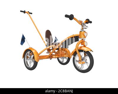 Orange kids bike with telescopic handle isolated 3d render on white background no shadow Stock Photo