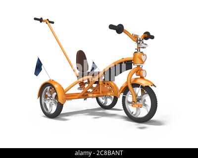 Orange kids bike with telescopic handle isolated 3d render on white background with shadow Stock Photo