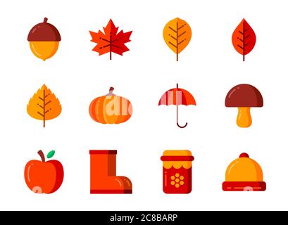 Autumn icon set with flat color style. Symbols for website, magazine, app and design. Stock Vector
