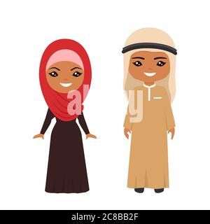 Cute Chibi characters in national Muslim costume. Flat cartoon style. Vector illustration Stock Photo