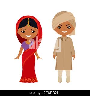 Cute chibi characters in national indian costume. Flat cartoon style. Vector illustration Stock Photo