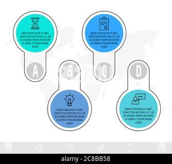 Infographics circles with 4 steps, icons. Flat line vector template. Can be used for four business, web, banner, workflow layout, flowchart, info Stock Vector