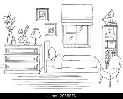 Children room graphic black white home interior sketch illustration vector Stock Vector