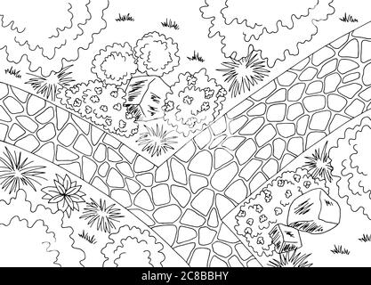 Garden landscape architect design backyard graphic black white sketch aerial view illustration vector Stock Vector