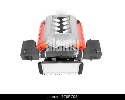 Car engine for eight cylinders red with air filters collector and gearbox 3D render on white background no shadow Stock Photo