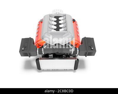 Car engine for eight cylinders red with air filters collector and gearbox 3D render on white background with shadow Stock Photo