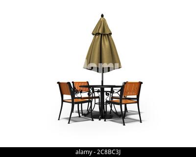 Closed umbrella for restaurant on central pillar with round table 3D render on white background with shadow Stock Photo